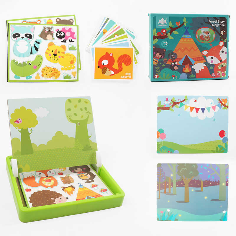 Дерев'яна магнітна дошка С 74451 (28) "Тварини", маркер, картки, магніт, назви англійською мовою, в коробці