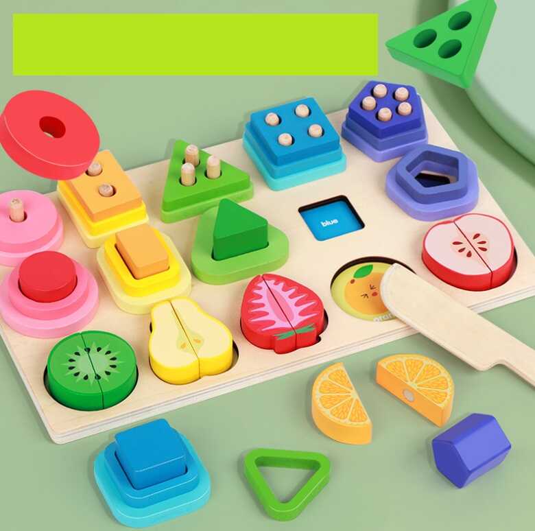 Логічна дерев’яна дошка C 75294 (24) дошка розміром 30х18 см, половинки фруктів на магнітах, геометричні фігури, кілочки, назви кольорів/фруктів англійською, в коробці