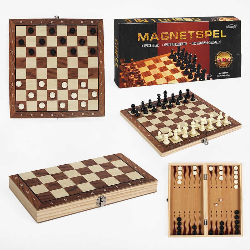 Шахи магнітні C 61552 (60) 3в1, шашки, нарди, дерев’яна дошка 29х29 см, в коробці