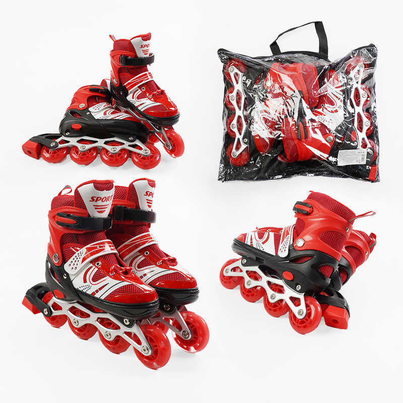 Ролики 54622-М /розмір 34-38/ колір – ЧЕРВОНИЙ (6) колеса PU, устілка 21-24 см, ПЕРЕДНЄ КОЛЕСО СВІТЛО, d – 6.5 см, в сумці