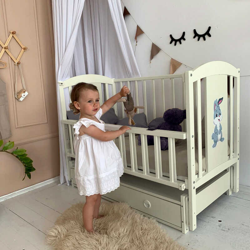 гр Ліжечко дитяче ЛІЛІ "Зайчик" (1) шарнір-підшипник з відкидною боковиною+шухляда, (Слонова кістка)