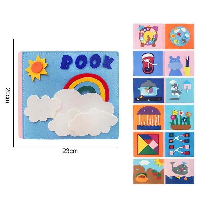 М'яка книжка-бізіборд 25082 (40) фетр, розмір 23х20 см, сюжетні ігри: сад, море, кухня, циферблат з рухомими стрілками, погода