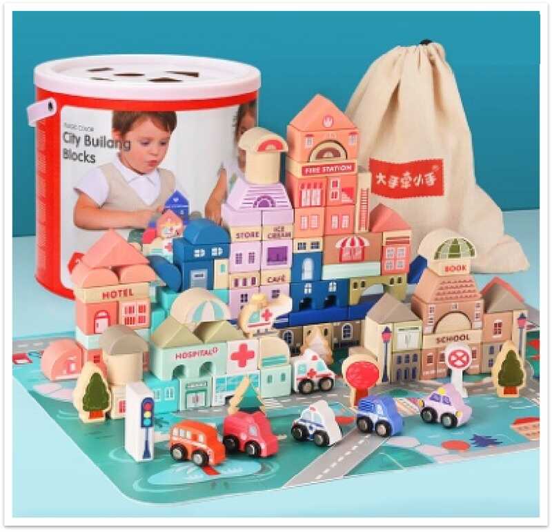 Конструктор дерев’яний C 65440 (12) мішечок для зберігання, пазли, у відрі