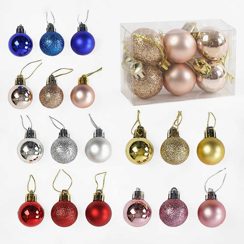 Новорічні прикраси C 67650 (900) 6 видів, кульки, D=3 см, у слюді, ВИДАЄТЬСЯ МІКС ВИДІВ