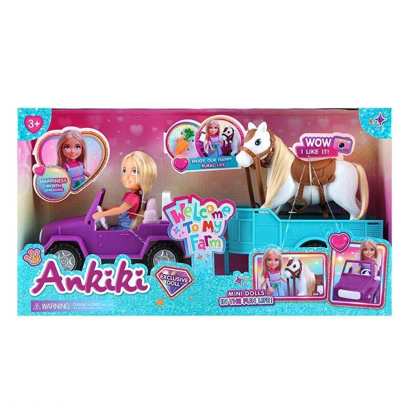 Лялька з аксесуарами 606015 (18) висота ляльки - 13 см, машинка з причепом, кінь, муляж морквинки, в коробці