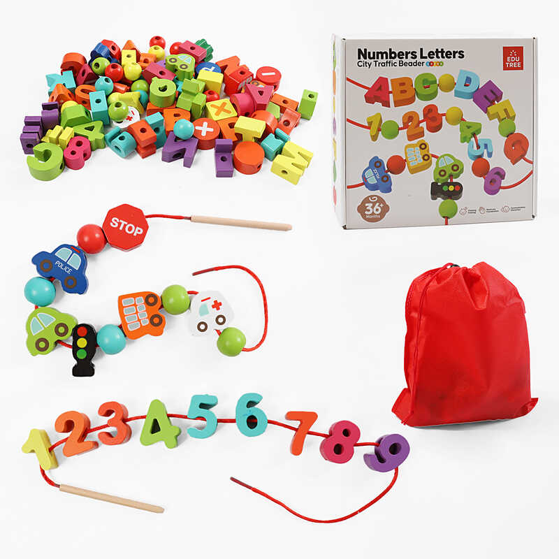 Шнурівка дерев'яна C 74419 (40) 6 шнурків з дерев’яним краєм, абетка, цифри, математичні знаки, транспорт, в коробці