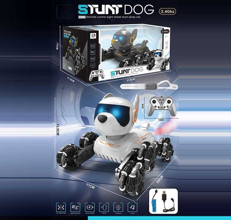 Песик на радіокеруванні 809-47 A (36) парогенерація, звуки, підсвічування, роликові колеса, трансформація коліс, пульт 2.4 GHz + сенсорний браслет, акум. 3.7V, USB-кабель, в коробці