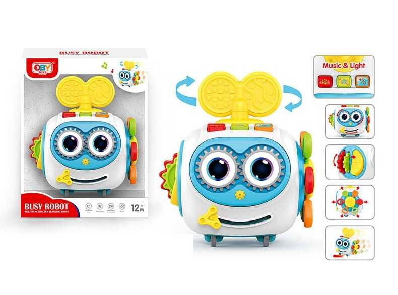 Музична іграшка O 18300 (72/2) звуки, підсвічування, регулювання гучності, на батарейках, тріскачка, рухомі елементи, гумові мотузочки, колеса, в коробці