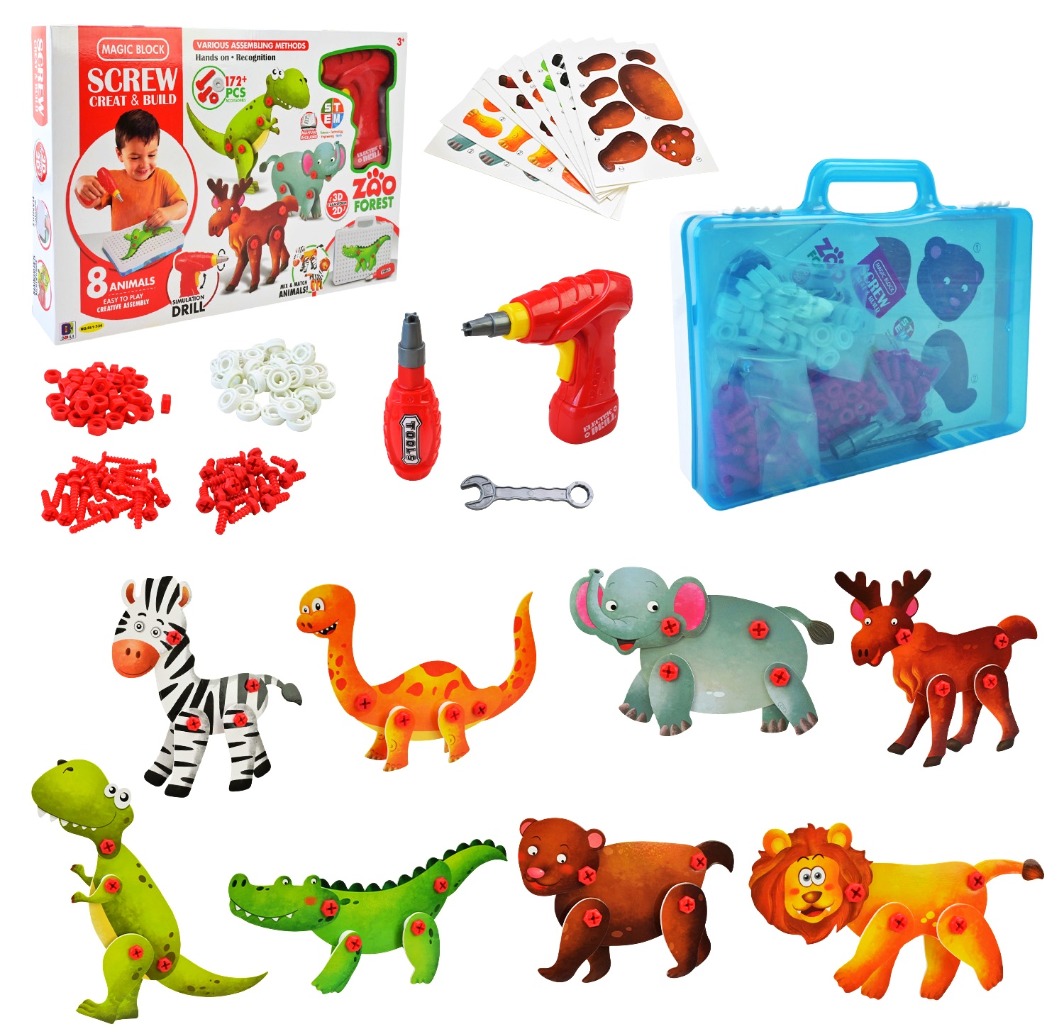 Конструктор - гра "Магічні пластини" 661-334 , шурупокрут (батар.) , 8 видів тварин , коробка