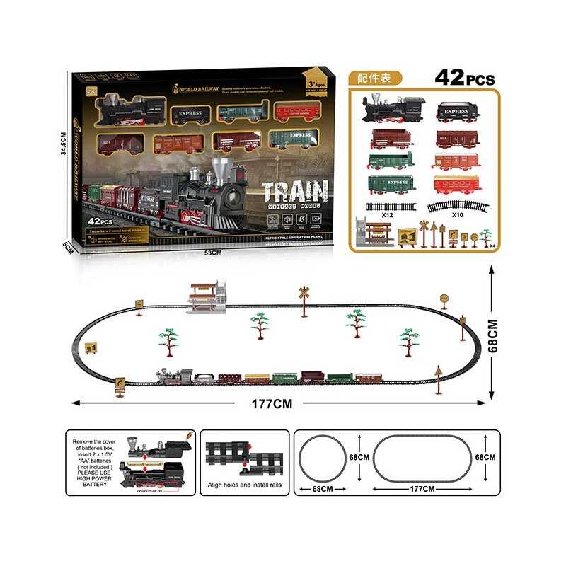 Залізниця 9299-89 (24) 42 елементи, 8 вагонів довжиною 85 см, дорога 177х68 см, підсвічування, звук-беззвучний режим, рух вперед, на батарейках, в коробці