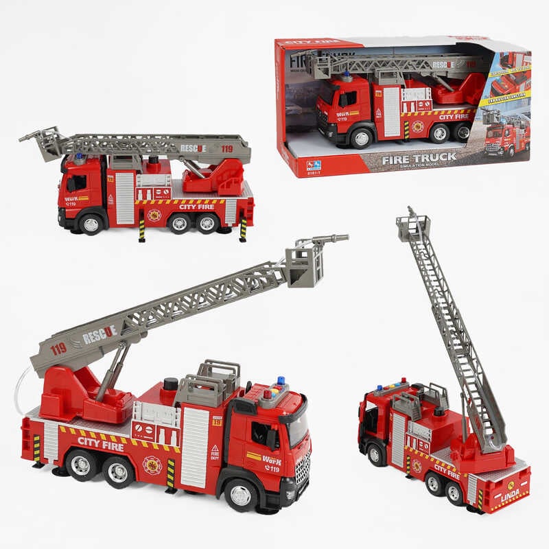 Спецтехніка 8181-1 (24/2) “Пожежна машина”, звук, підсвічування, помпове накачування води, висувна драбина, інерція, платформа з тріскачкою, в коробці