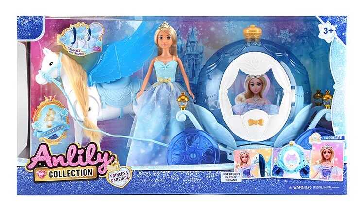 Лялька з каретою 616881 (6) кінь ходить, махає крильми, видає звуки, підсвічування карети, висота ляльки 30 см, шарнірні кінцівки, корона, кінь із сідлом, дверцята відчиняються, в коробці