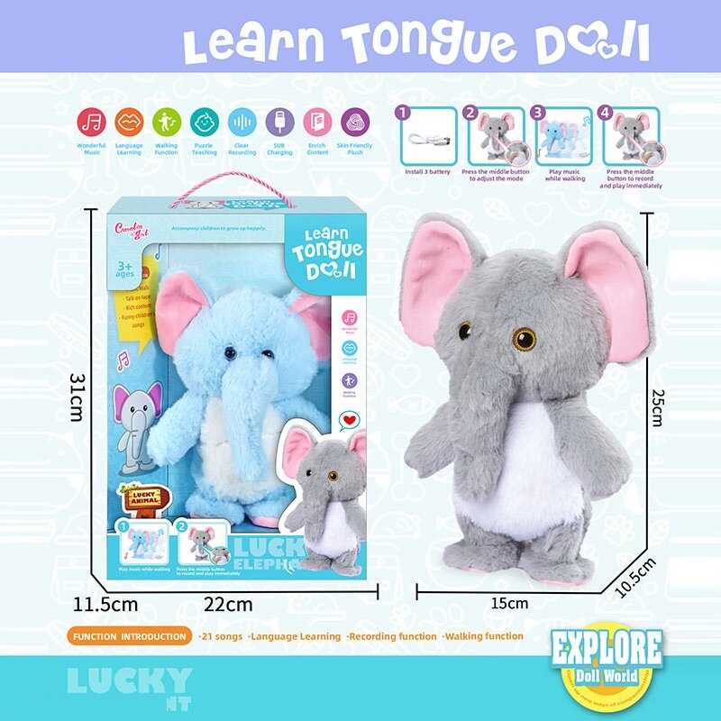 Інтерактивна тваринка 18811-1 (24) "Слоник", акумулятор 3.7 V, кабель USB-Type C, пісні, запис голосу, ходить, в коробці