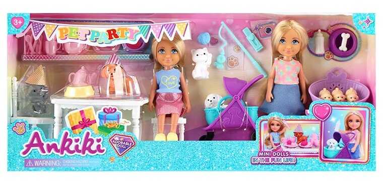 Набір ляльок 606120 (36) 2 ляльки, висота: 13 см, стіл, стілець, візочок, фігурки тварин, в коробці