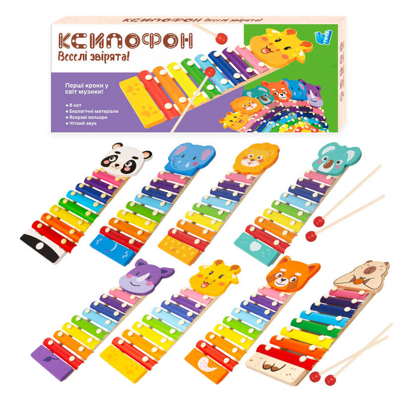 Ксилофон 35692 (36) "WToys", “Тварини”, дерев’яний, 8 нот, молоточки, в коробці, ВИДАЄТЬСЯ ТІЛЬКИ МІКС ВИДІВ