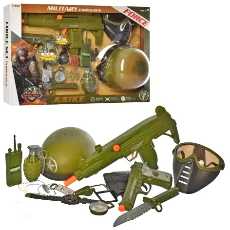 Військововий набір з каскою 34320, коробка, автомат - тріскачка ,пістолет (звук , світло) , маска, бінокль