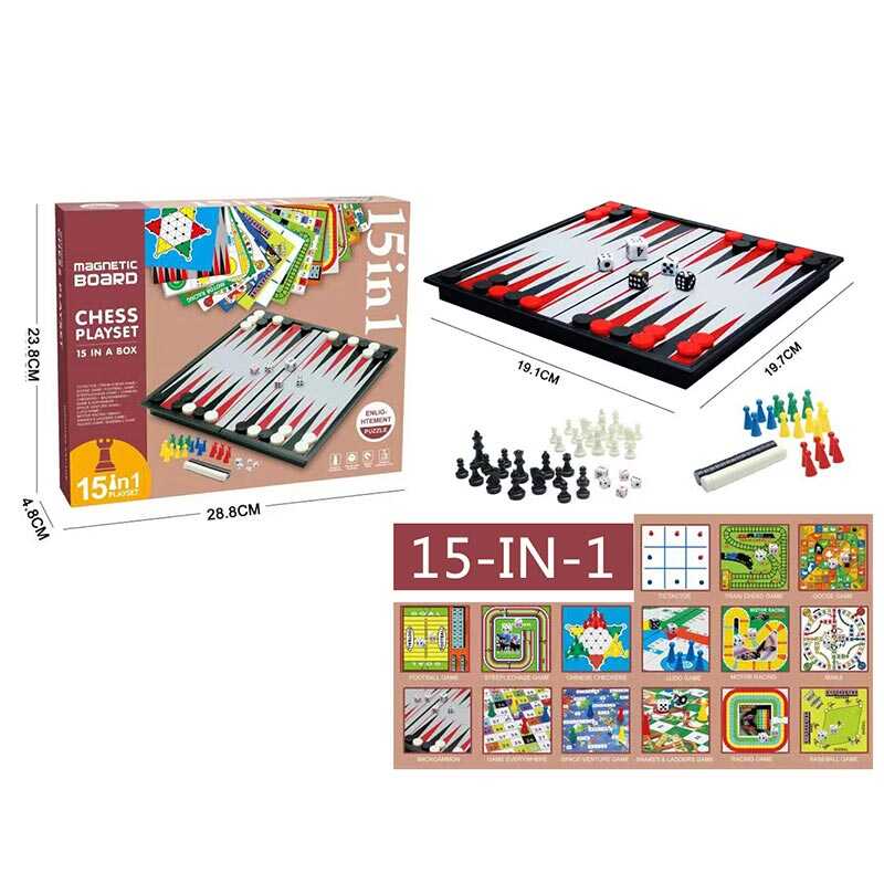 Гра 2014 BC (36/2) 15 в 1, ігрові поля, ігрові елементи, хрестики-нулики, шахи, шашки, нарди, космічна гра, лудо, автоперегони, manji, змії та драбини, бейсбол, в коробці