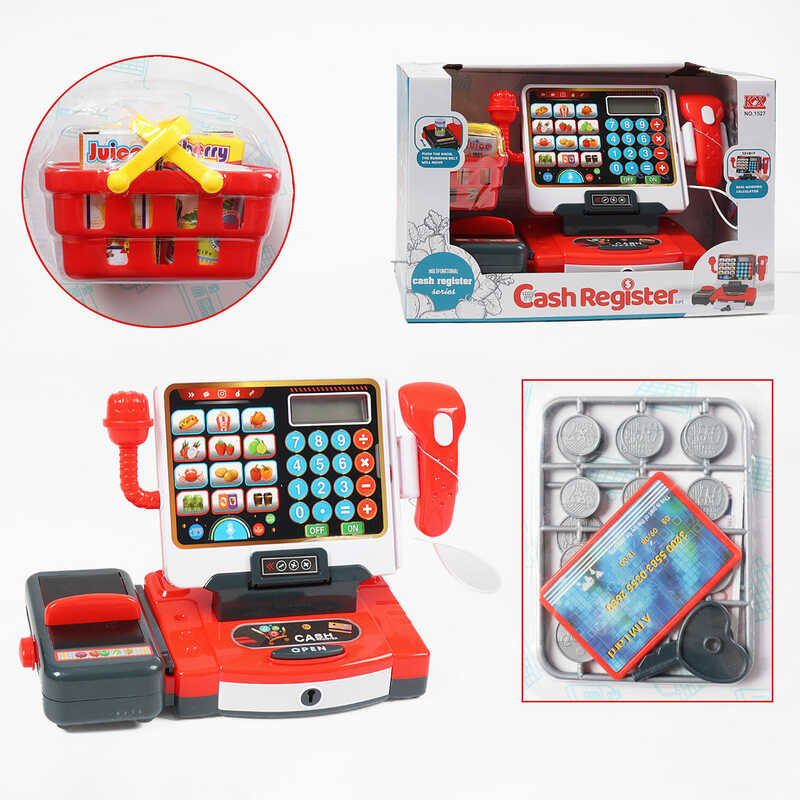 Касовий апарат 1527 (12) розмір: 31х14.5х18.5 см, підсвічування, звук, мікрофон, сканер, калькулятор,  продуктовий кошик, коробочки з продуктами, рухома продуктова “стрічка”, купюри, монети, банківська картка, в коробці