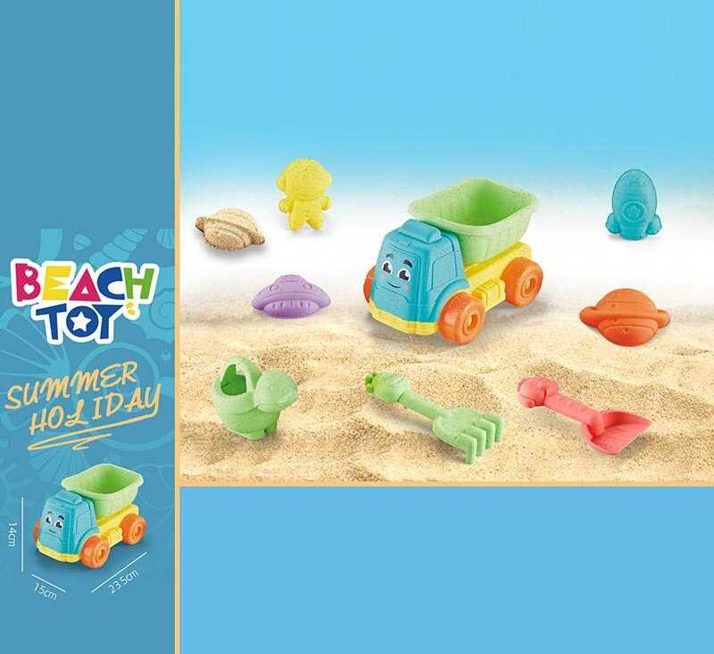 Пісочний набір RMT 366-5 (72) розмір самоскида - 21х15х12.5, лійка, граблі, лопатка, 4 формочки, в сітці