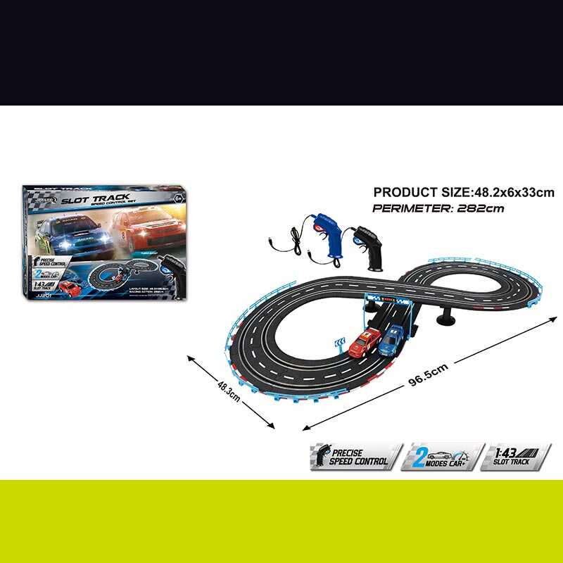 Трек на радіокеруванні JJ 201-1 (12) траса 48х96 см, підсвічування, 2 машинки, масштаб 1:43, 2 пульти керування, підключення до траси за допомогою проводу, в коробці