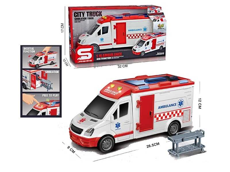 Машина JS 126 (36) “Швидка допомога”, масштаб 1:16, тематичні сигнали, підсвічування, інерція, відкривається дах та двері, в коробці
