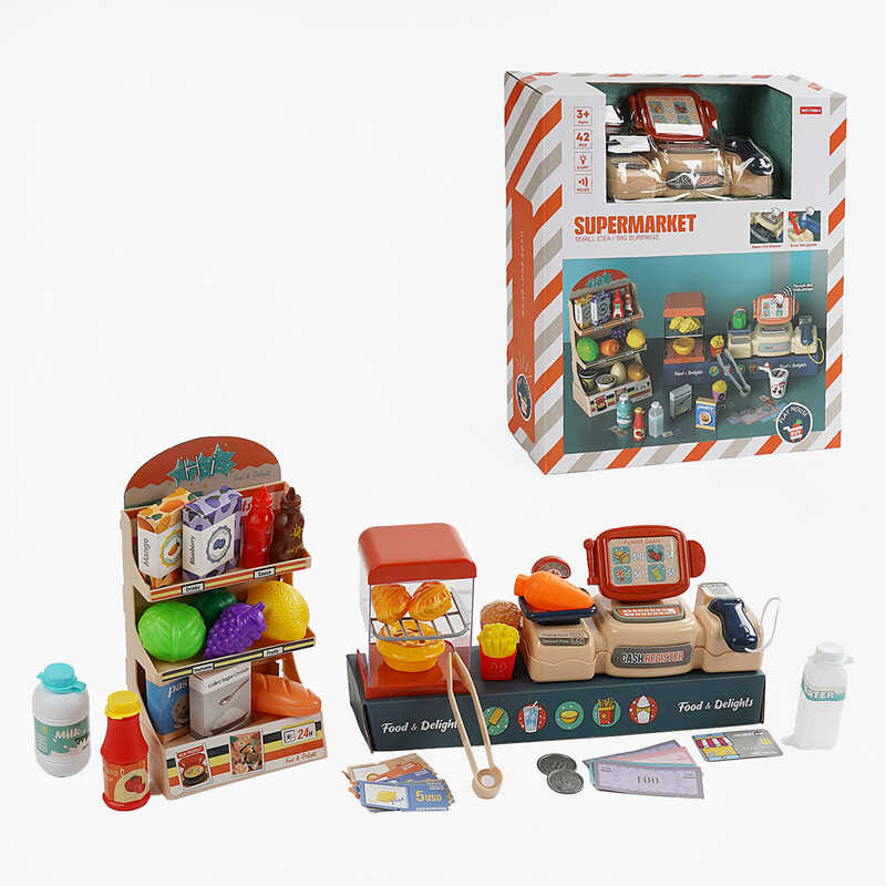 Магазин MW 5581 (16) касовий апарат, звук, репліки англ. мовою, підсвічування, стелаж, муляжі, прикраси, наліпки, в коробці