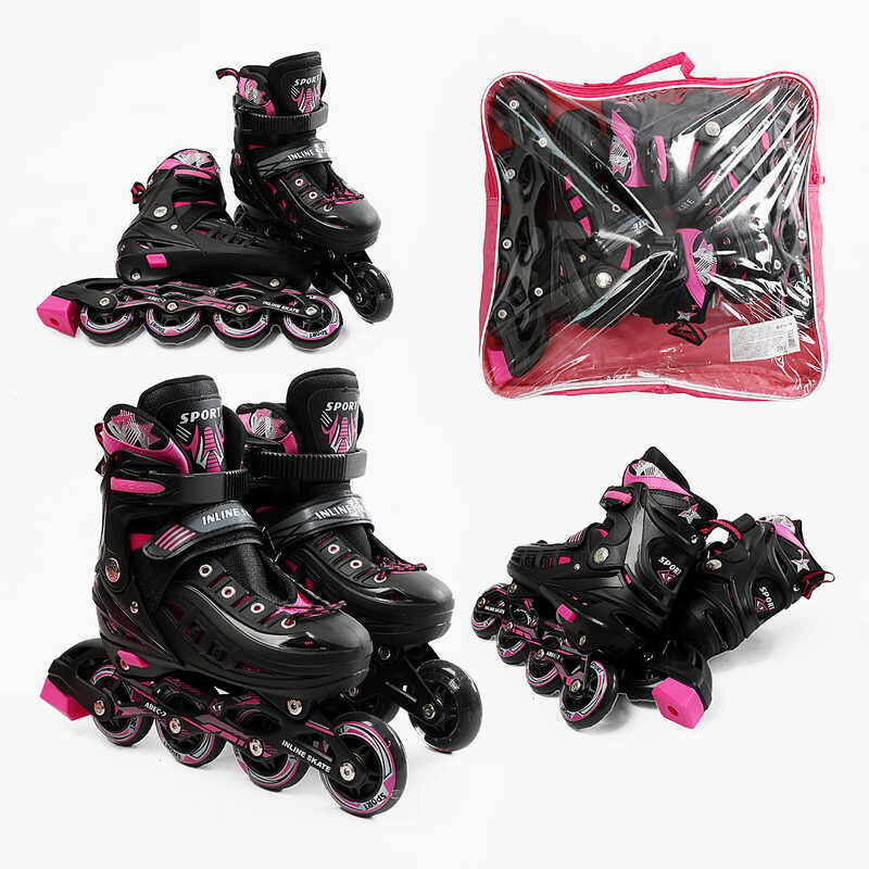 Ролики D-7786 M розмір 34-38 (6) колір РОЖЕВИЙ, колеса PU, d – 7 см, устілка 20-23 см, алюмінієва рама, гальма, переднє зі світлом, підшипник ABEC-7, в сумці