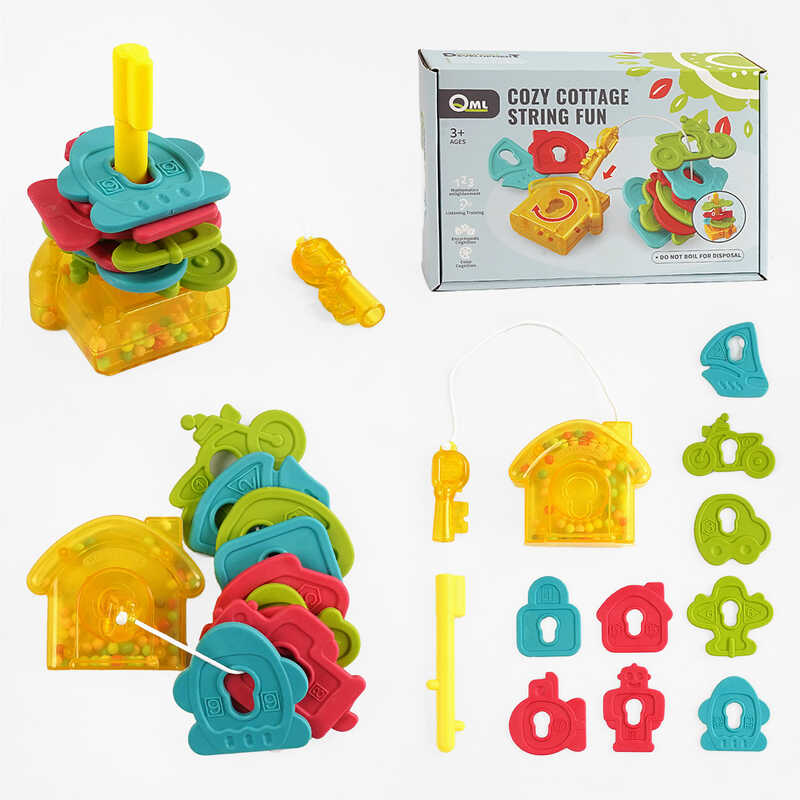 Логічна гра M 10 F (60) “Замочок”, гра-шнурівка, пірамідка, дзвінкі кульки, гумові елементи, в коробці