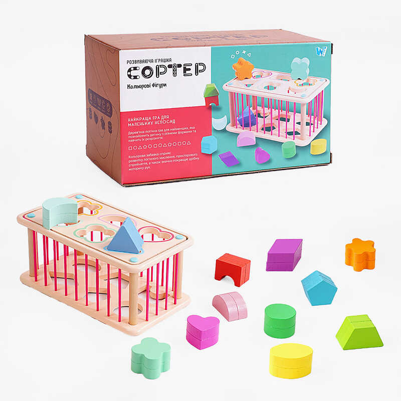 Дерев'яний геометричний сортер C 60434 (30) "WToys", стінки з резинок, 12 дерев’яних фігурок, в коробці