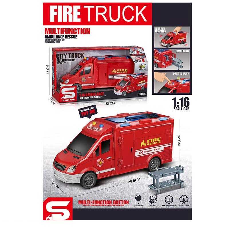Спецтехніка JS 126 E (36) “Пожежна машина”, 1:16, звуки, підсвічування, інерція, відкриваються дверцята, гумові шини, в коробці
