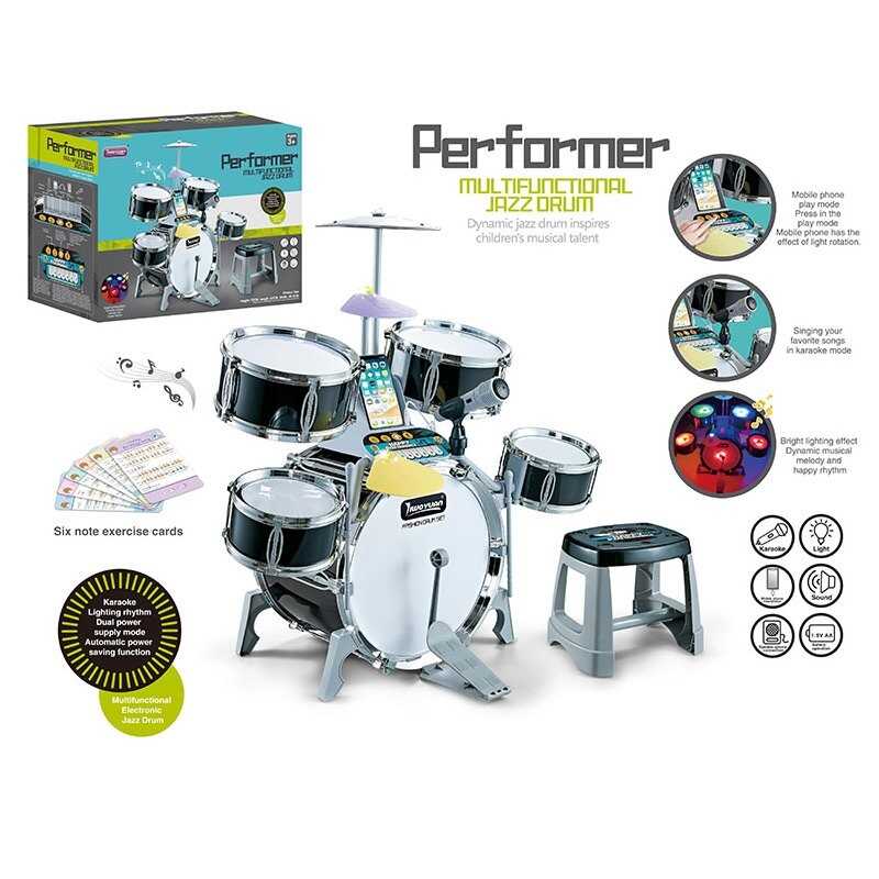 Барабанна установка Q 530 A (4) звук, підсвічування, мелодії, режим караоке, мікрофон, підключення до телефону, піаніно, палички, стільчик, в коробці
