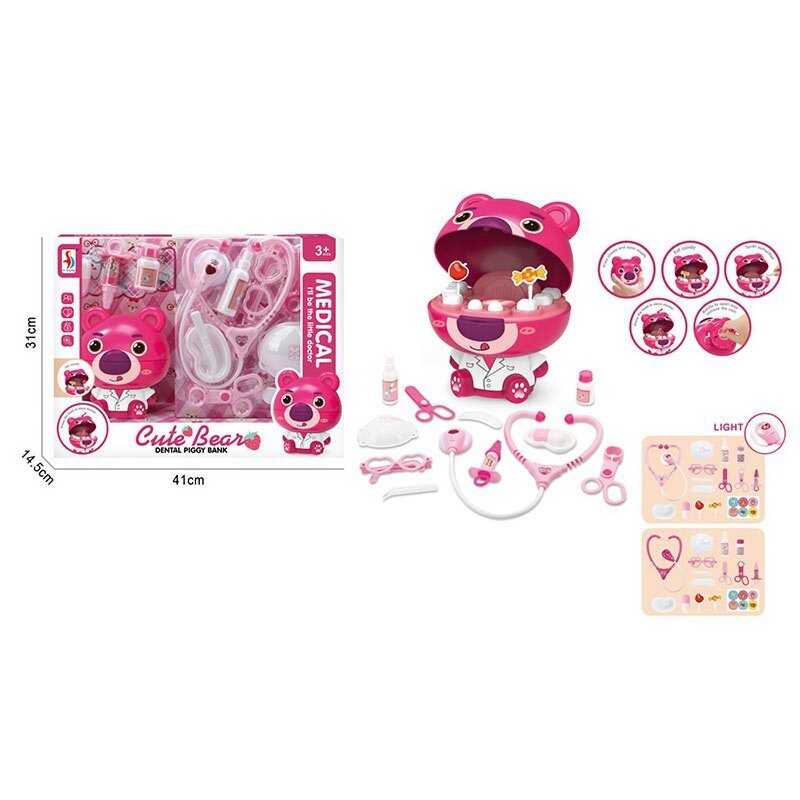 Набір лікаря SD 169-306 (15) “Стоматолог”, герой, висота ведмедика - 16 см, скарбничка, стетоскоп, підсвічування, шприц, ножиці, щипці, медичний лоток, окуляри, маска, в коробці