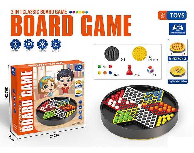 Гра 096 (96/2) настільна, 3 в 1, шахи, шашки, знімна двостороння ігрова панель, 24 фігур шахів, 60 кульок, гральний кубик, в коробці