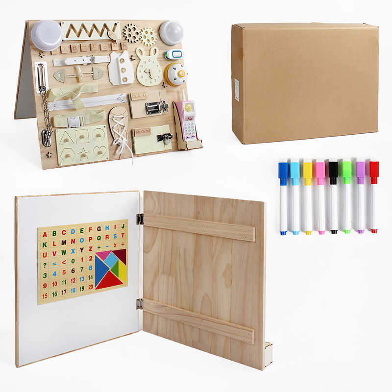 Бізіборд дерев'яний C 64844 (4) лампочка, телефон, звук, підсвічування, фрази англійською мовою, музикальний механізм, магнітна дошка, дзвінок, в коробці