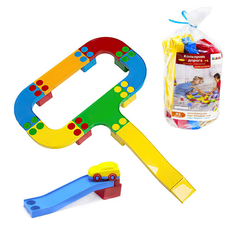 гр Ігровий конструктор "Кольорова дорога №1" 114/22 (16) "BAMSIC" 25 деталей, 2 машинки, дорожні знаки, в тубусі