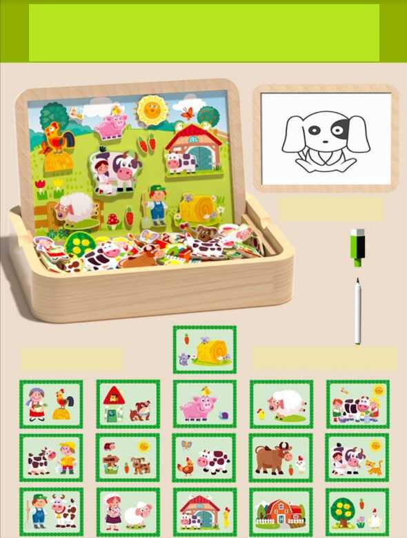 Дерев’яна магнітна дошка C 75301 (32) “Тварини”, магнітні елементи, маркер пиши-витирай, в коробці