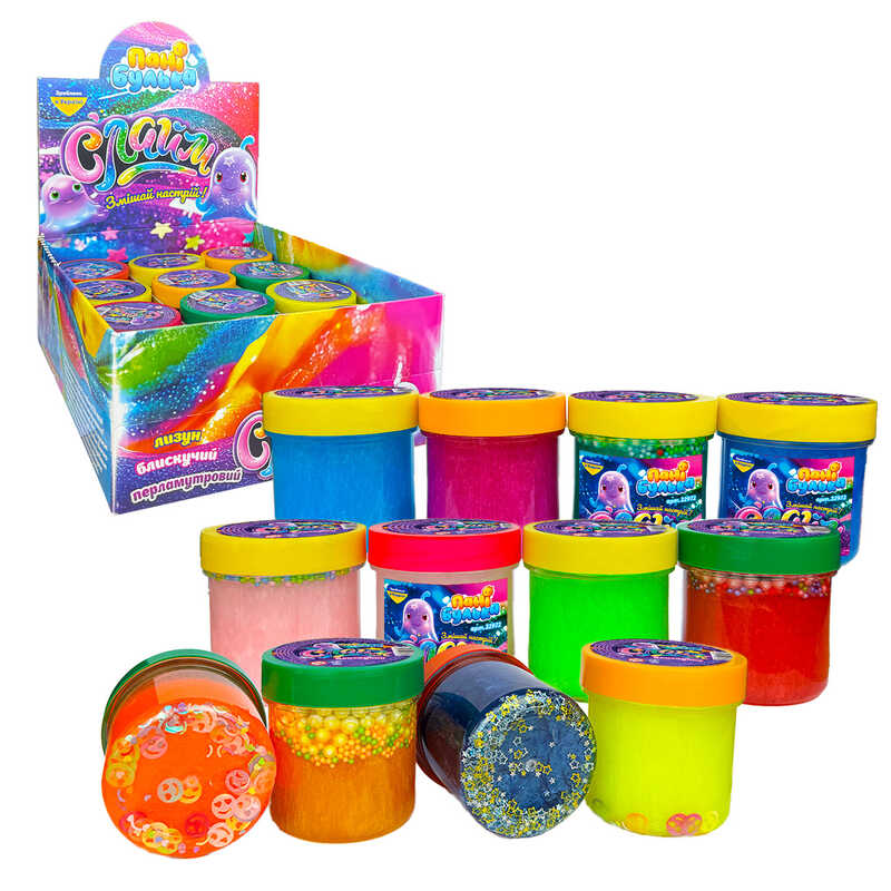 гр Слайм блискучий 32972 (1) "Пані Булька", ЦІНА ЗА 12 ШТУК, 120 г, з наповненням, середня банка, 12 кольорів, МІКС