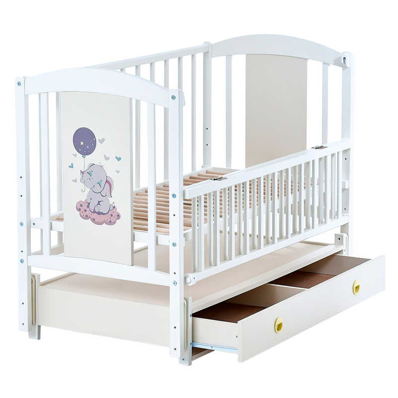 гр Ліжечко дитяче ЛІЛІ "Слоник" (1) шарнір-підшипник з відкидною боковиною+шухляда, (слонова кістка)