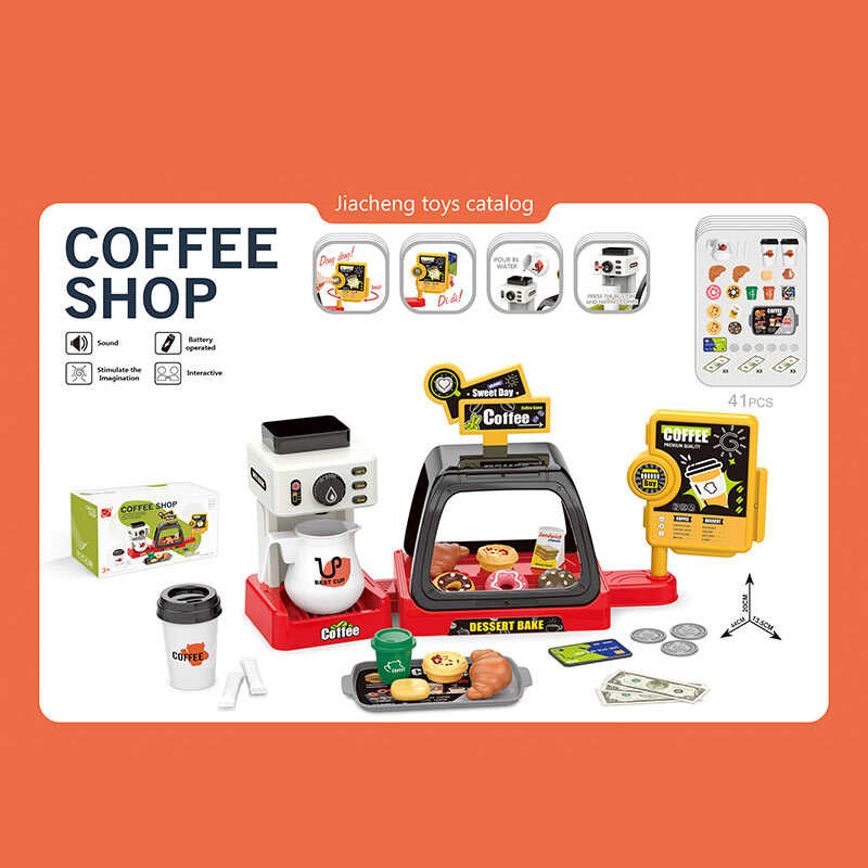 Кав'ярня 668-143 (36) 41 елемент, звукові ефекти каси, кавоварка наливає напій, вітрина з солодощами, стаканчики, круасани, пончики, в коробці