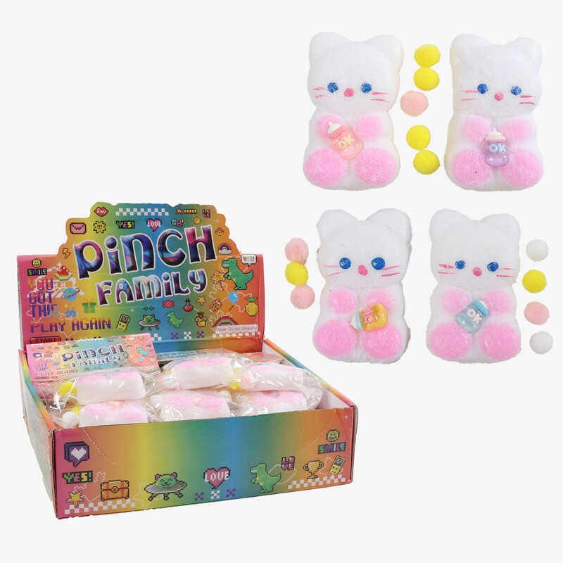 Гра антистрес C 72598 (16) ЦІНА ЗА 24 ШТУКИ В БЛОЦІ, "Котик", волохатий, м'які кульки, пляшечка, розмір 6х2х9 см, в коробці