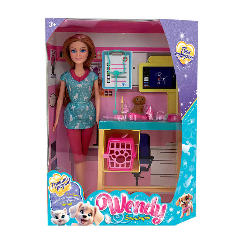 Лялька 73838 (18/2) "Wendy", “Ветлікарка”, висота 30 см, оглядовий стіл, переноска, фігурка собачки, аксесуари, в коробці