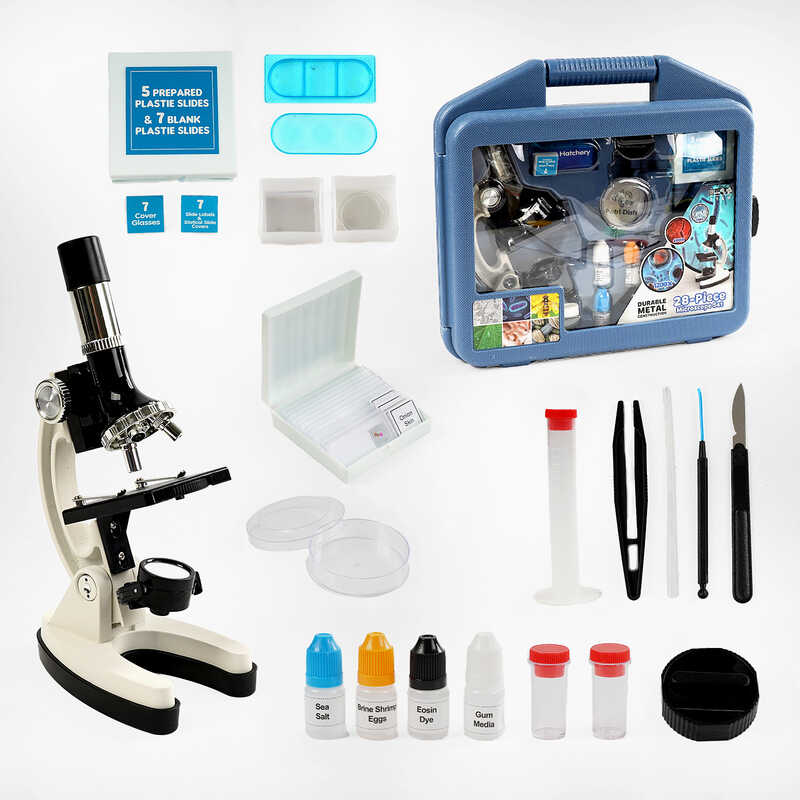 Мікроскоп 2110 (12/2) підсвічування, збільшення у 300, 600, 1200 разів, інструменти, слайди, колби, інструкція, у валізі